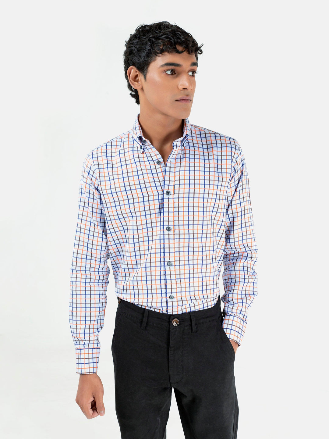 Brumano Mens RTW Solids Cotton Shirt Blue N Orange Windowpane Casual Collection