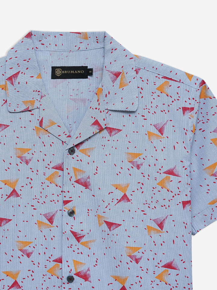 Brumano Ready To Wear Shirts Men 1 Piece Cotton Blue & Red Abstract Printed Half Sleeve Cuban Collar Shirt 0-33-024-3237 - Summer Collection