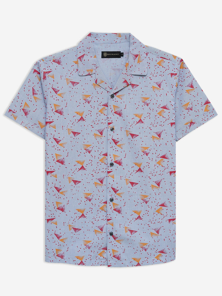 Brumano Ready To Wear Shirts Men 1 Piece Cotton Blue & Red Abstract Printed Half Sleeve Cuban Collar Shirt 0-33-024-3237 - Summer Collection