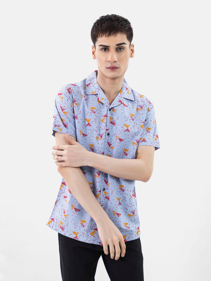 Brumano Ready To Wear Shirts Men 1 Piece Cotton Blue & Red Abstract Printed Half Sleeve Cuban Collar Shirt 0-33-024-3237 - Summer Collection