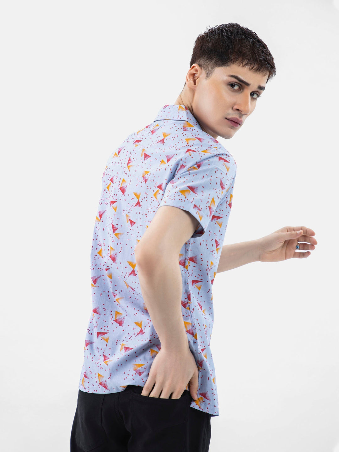 Brumano Ready To Wear Shirts Men 1 Piece Cotton Blue & Red Abstract Printed Half Sleeve Cuban Collar Shirt 0-33-024-3237 - Summer Collection