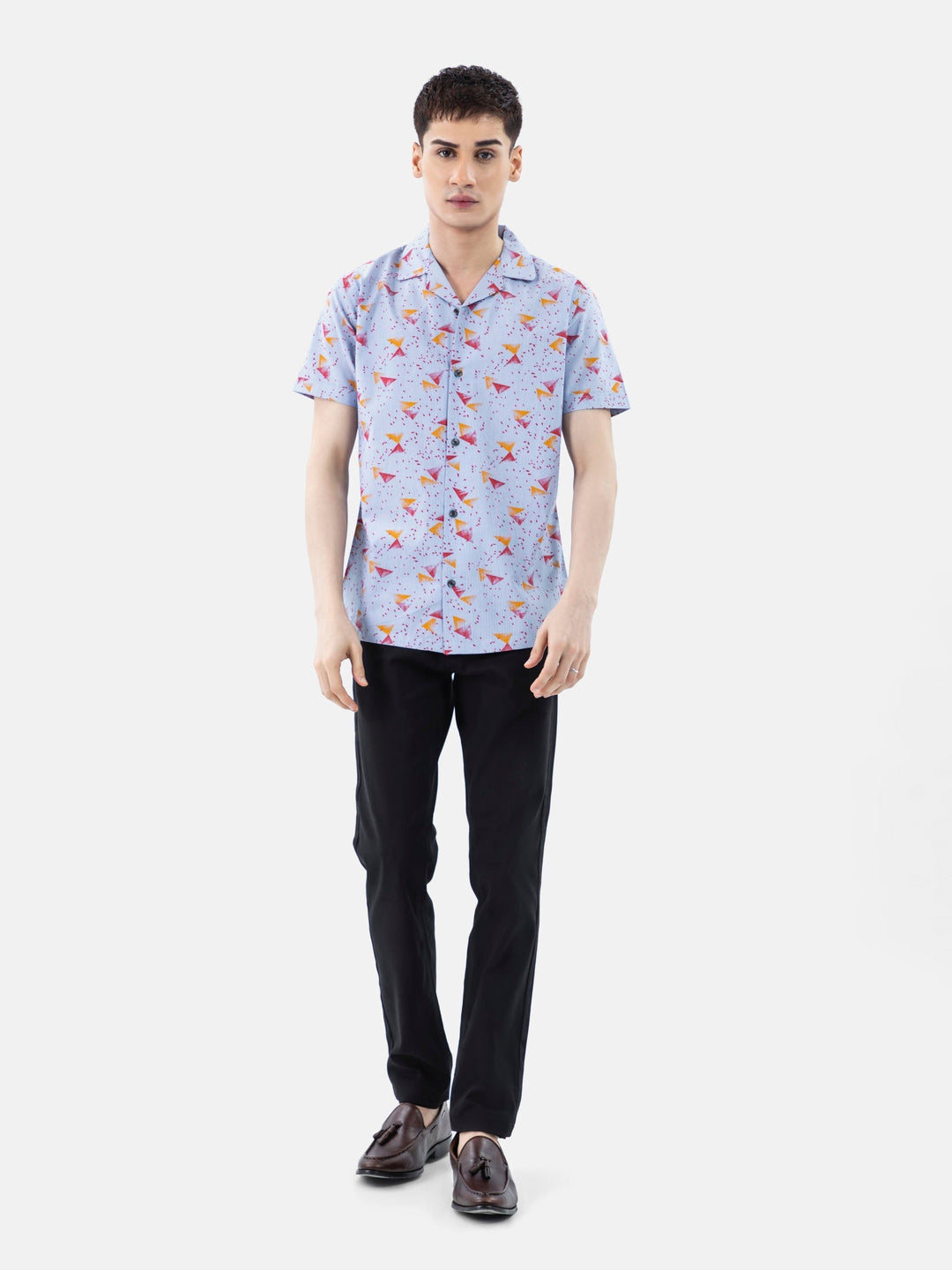 Brumano Ready To Wear Shirts Men 1 Piece Cotton Blue & Red Abstract Printed Half Sleeve Cuban Collar Shirt 0-33-024-3237 - Summer Collection