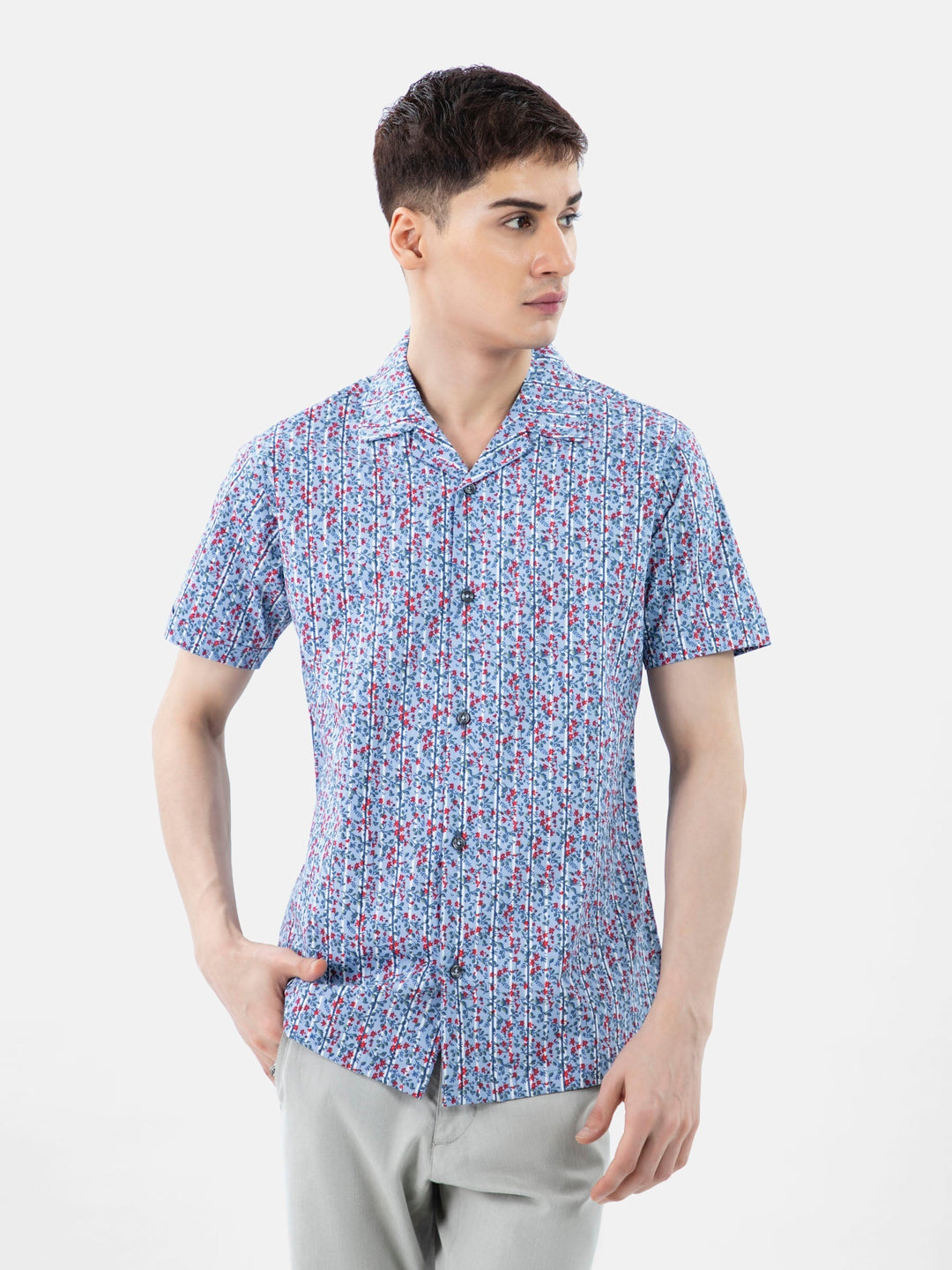 Brumano Mens RTW Solids Cotton Shirt Blue N Red Half Sleeve Cuban Collar Casual Collection
