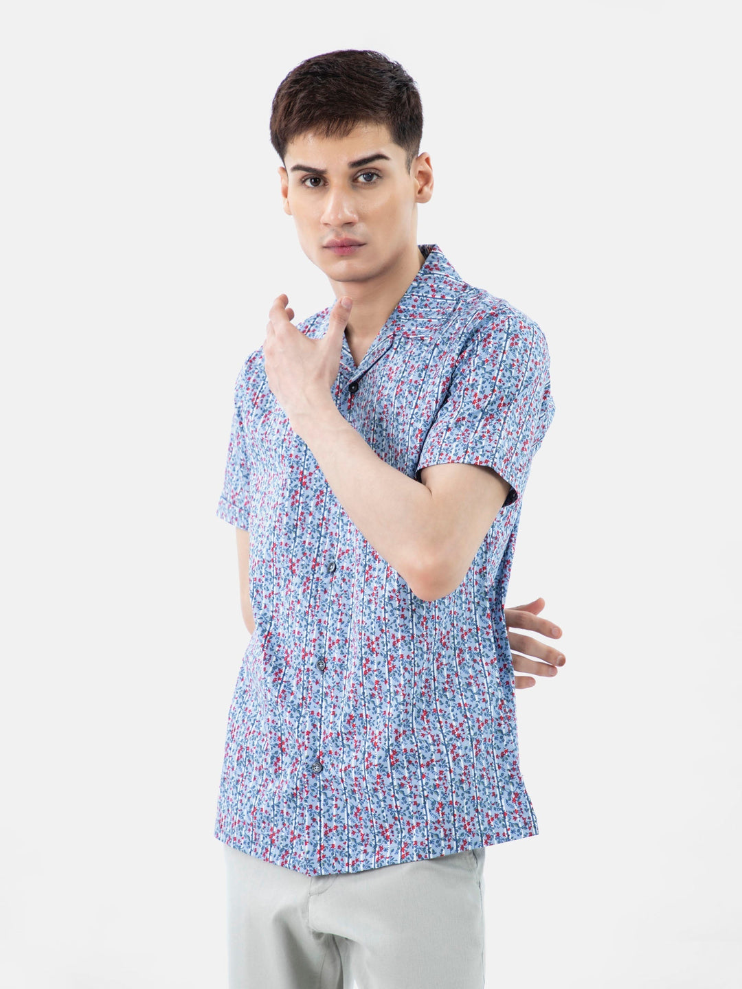 Brumano Ready To Wear Shirts Men 1 Piece Cotton Blue & Red Printed Half Sleeve Cuban Collar Shirt 0-33-024-3225 - Summer Collection