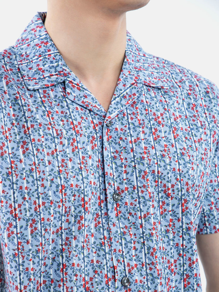 Brumano Ready To Wear Shirts Men 1 Piece Cotton Blue & Red Printed Half Sleeve Cuban Collar Shirt 0-33-024-3225 - Summer Collection