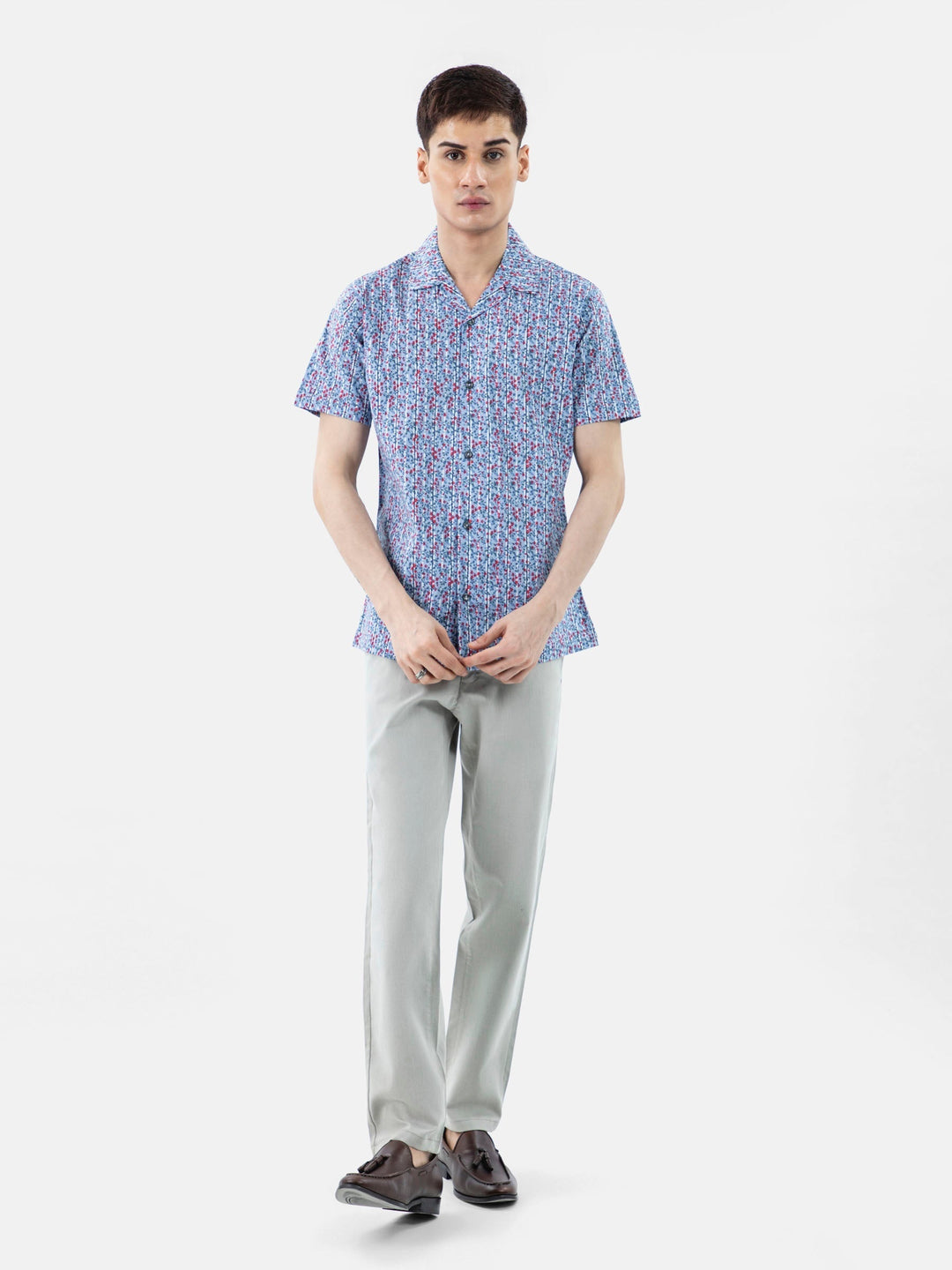 Brumano Ready To Wear Shirts Men 1 Piece Cotton Blue & Red Printed Half Sleeve Cuban Collar Shirt 0-33-024-3225 - Summer Collection