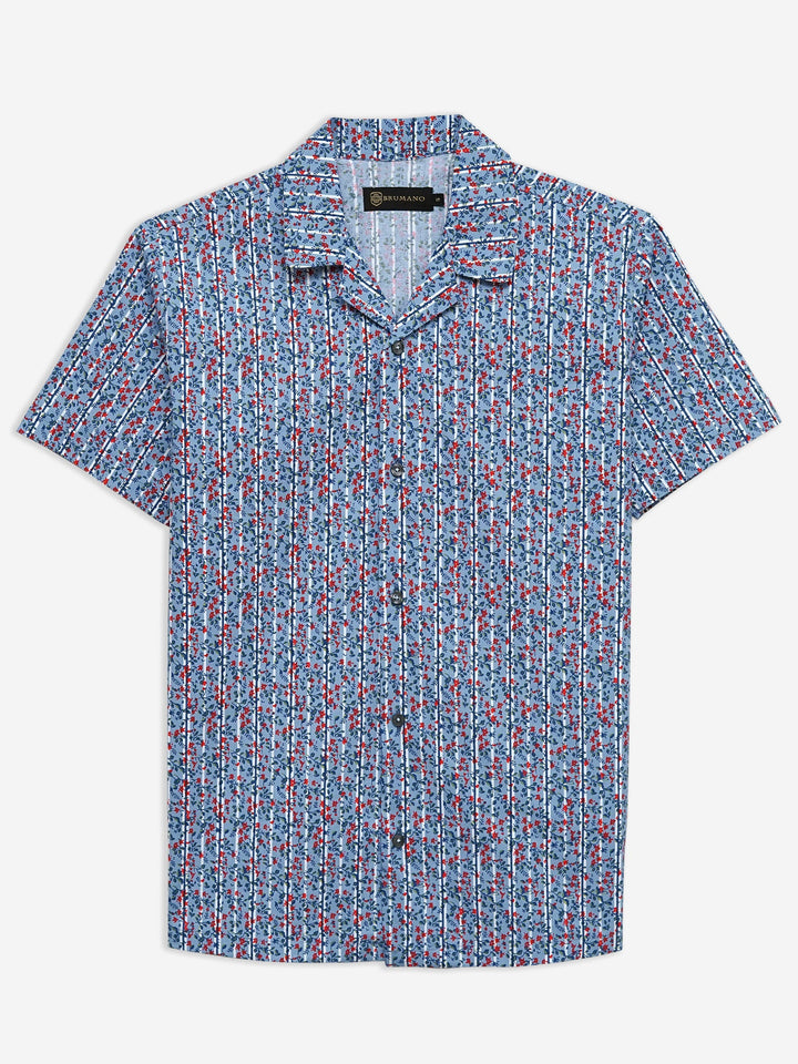 Brumano Ready To Wear Shirts Men 1 Piece Cotton Blue & Red Printed Half Sleeve Cuban Collar Shirt 0-33-024-3225 - Summer Collection