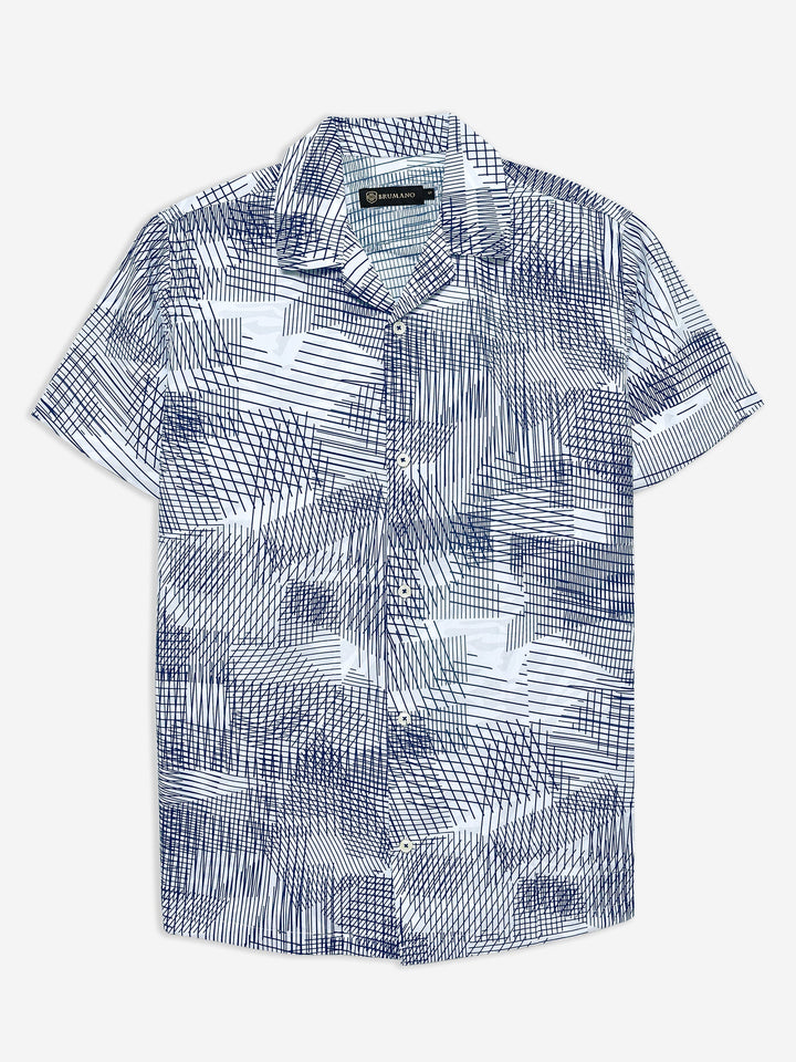 Brumano Ready To Wear Shirts Men 1 Piece Cotton Blue & White Geometric Printed Cuban Collar Shirt 0-33-024-3660 - Summer Collection