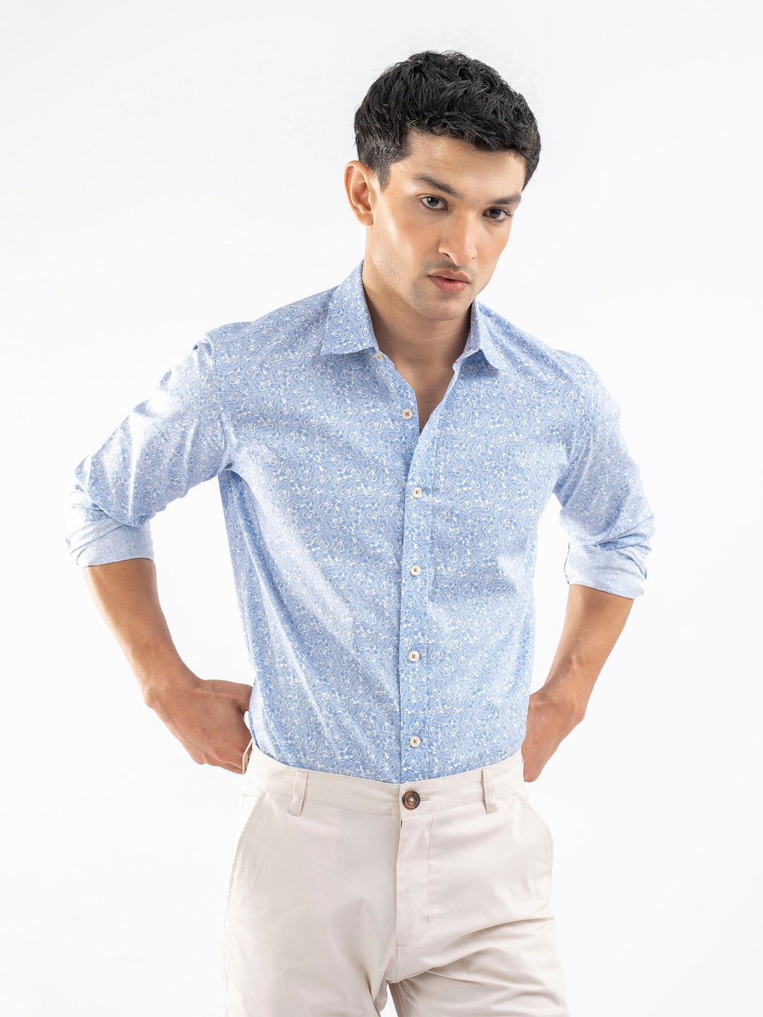 Brumano Ready To Wear Shirts Men 1 Piece Cotton Blue & White Paisley Printed Shirt 0-31-025-3658 - Summer Collection