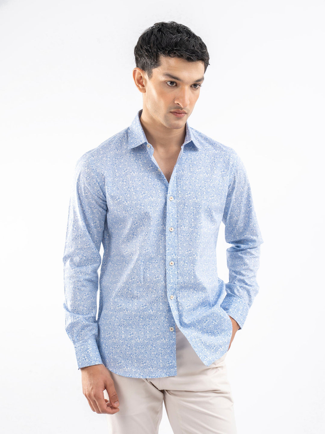 Brumano Mens RTW Solids Cotton Shirt Blue N White Paisley Casual Collection