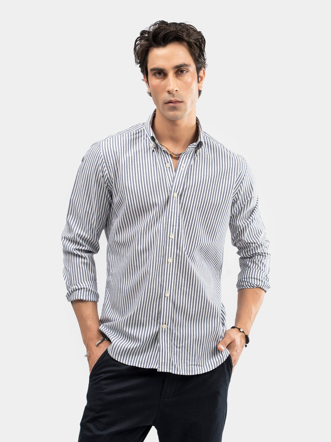 Brumano Mens RTW Solids Cotton Shirt Blue & White Striped Down Button Casual Collection
