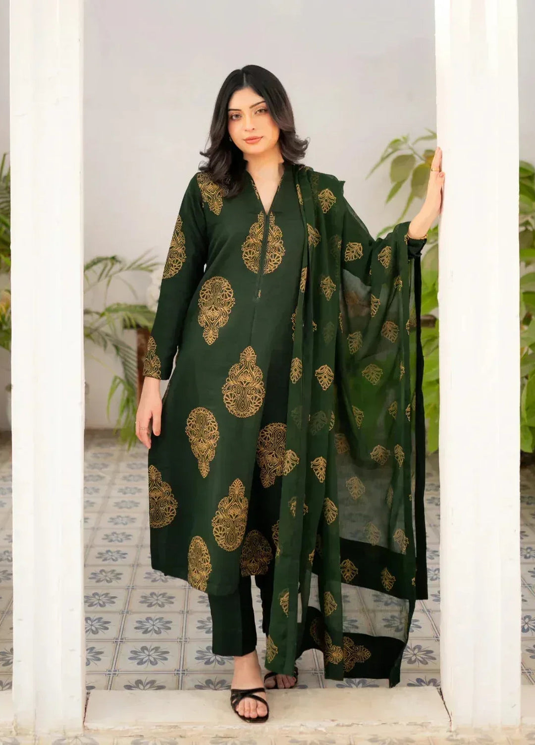 Zauk Women RTW Printed Rawsilk 3 Piece Suit ZK26RC Bottle Green Kurta Set ZAU-BGKS - Casual Collection