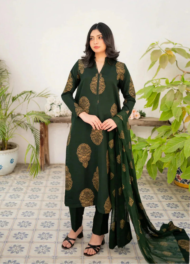 Zauk Women RTW Printed Rawsilk 3 Piece Suit ZK26RC Bottle Green Kurta Set ZAU-BGKS - Casual Collection
