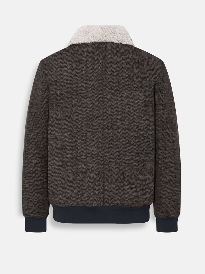 Brumano Mens RTW Solids Wool Jacket Brown Blended Beige Sherpa Collar Winter Collection