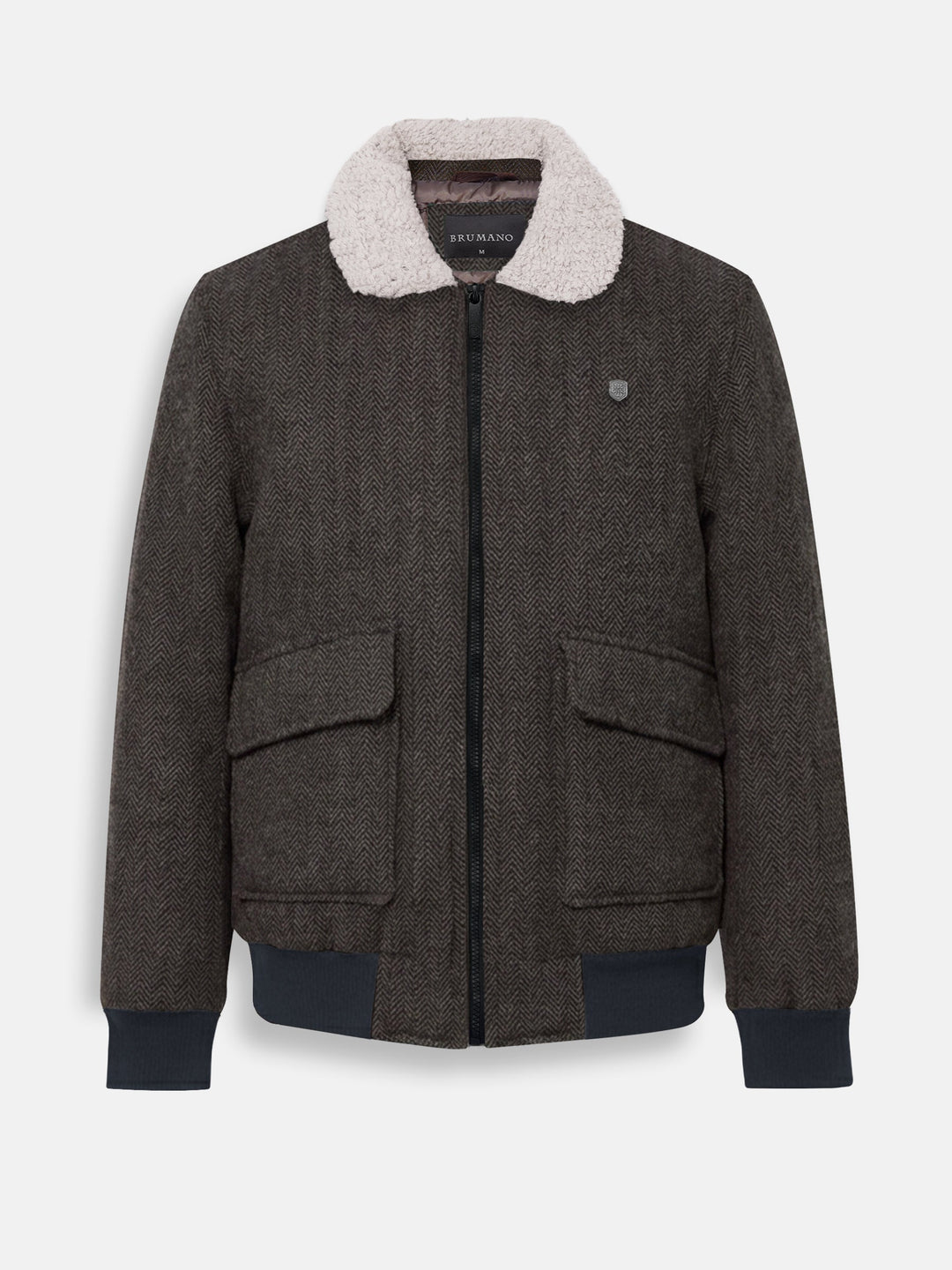 Brumano Mens RTW Solids Wool Jacket Brown Blended Beige Sherpa Collar Winter Collection