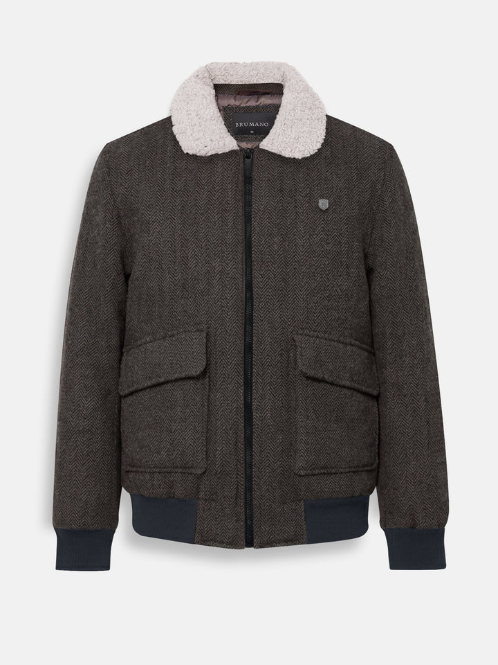 Brumano Mens RTW Solids Wool Jacket Brown Blended Beige Sherpa Collar Winter Collection