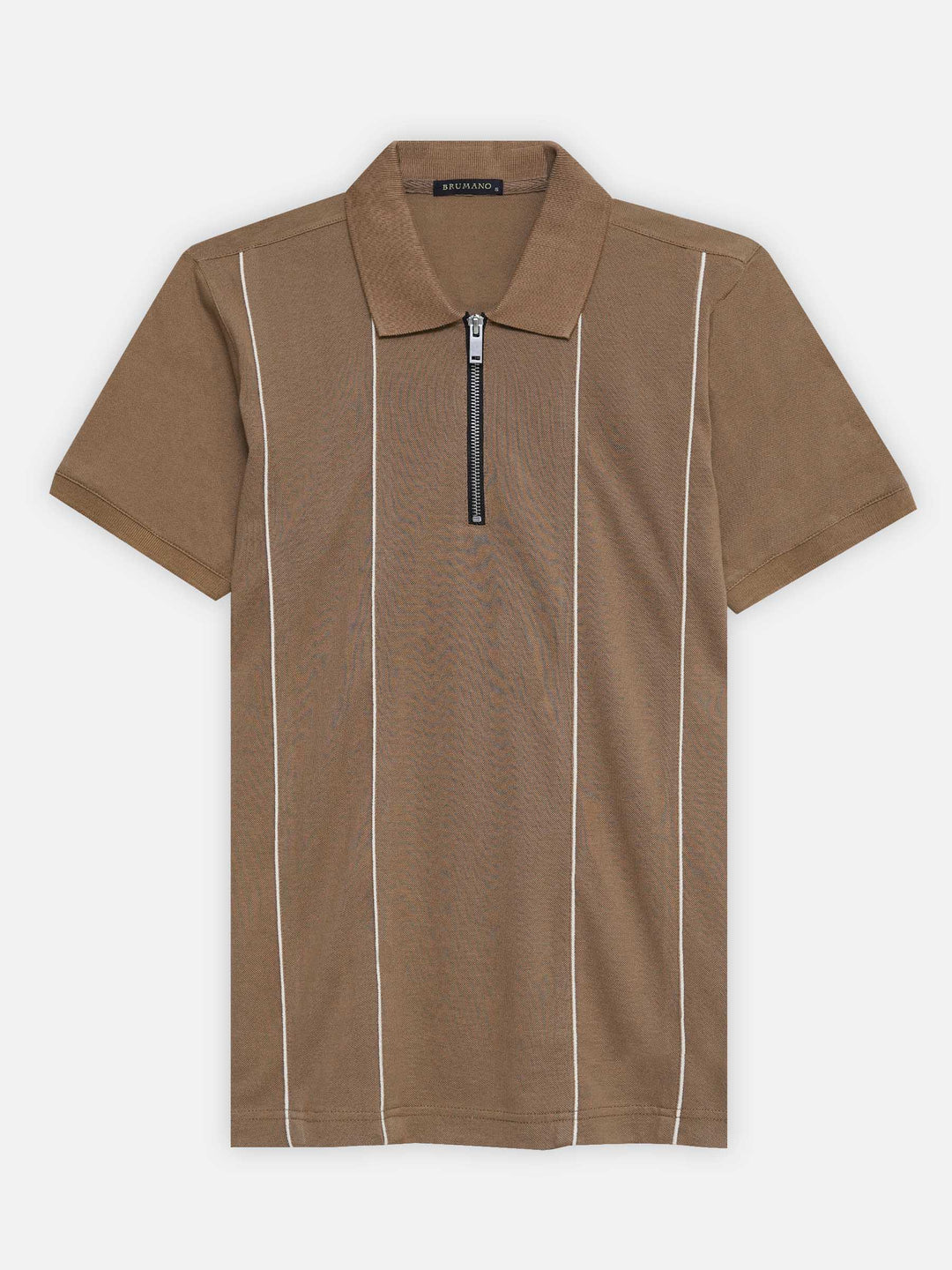 Brumano Mens RTW Solids Cotton Polo T-Shirt Brown Striped Zipper Casual Collection