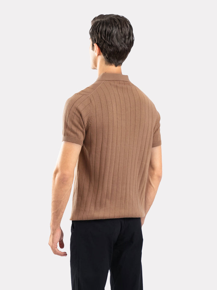 Brumano  Solids Cotton Polo Brown Drop Needle Flat Knit Polo