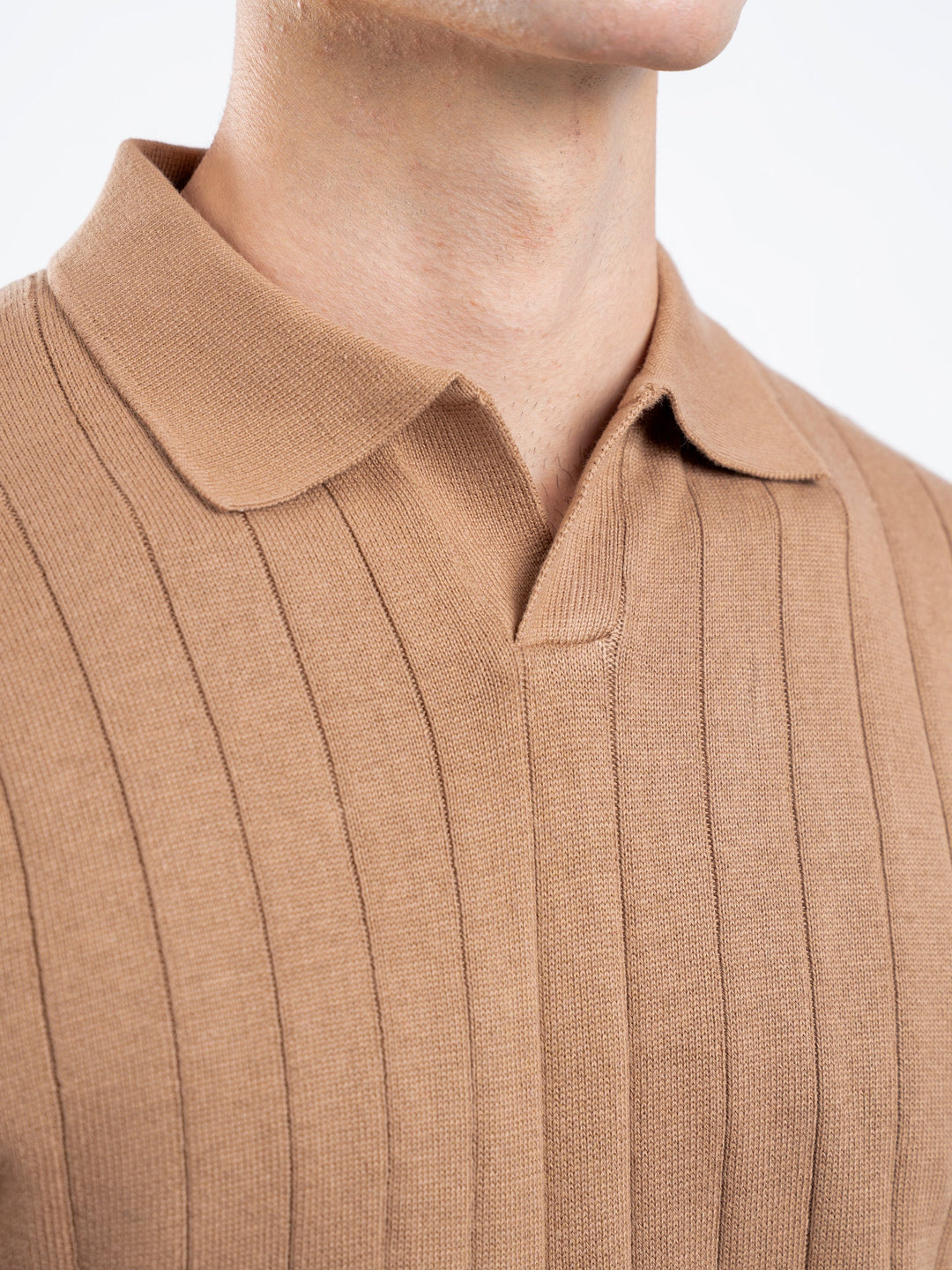 Brumano  Solids Cotton Polo Brown Drop Needle Flat Knit Polo