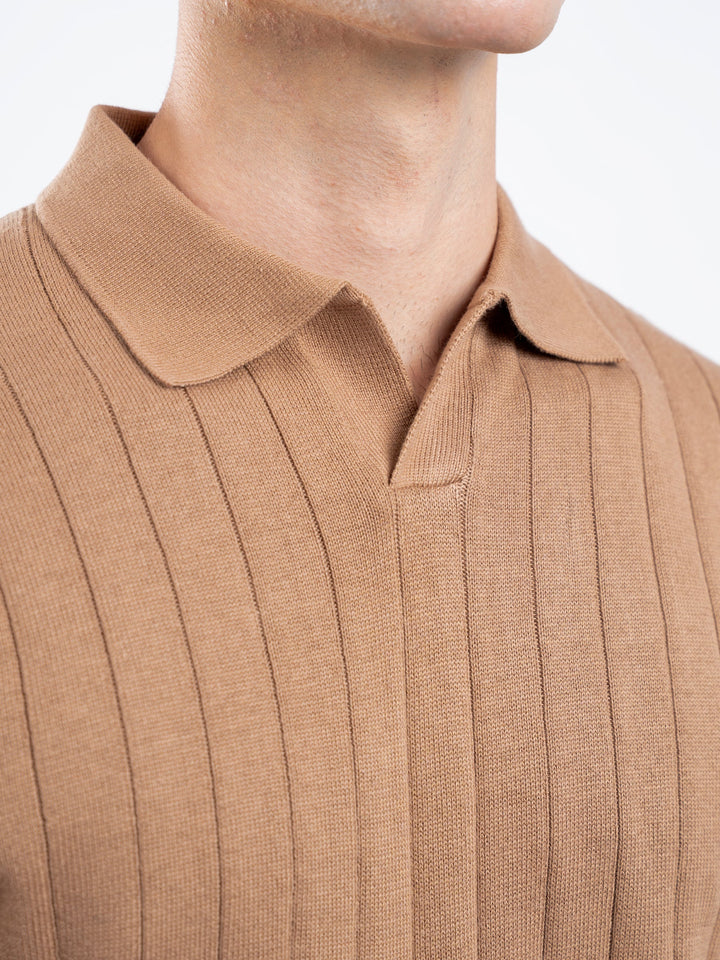 Brumano  Solids Cotton Polo Brown Drop Needle Flat Knit Polo