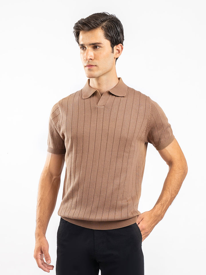 Brumano  Solids Cotton Polo Brown Drop Needle Flat Knit Polo