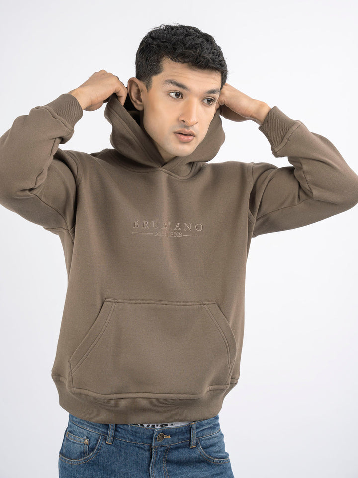 Brumano Embroidered Fleece Brown Embroidered Relaxed Fit Hoodie - Winter Collection