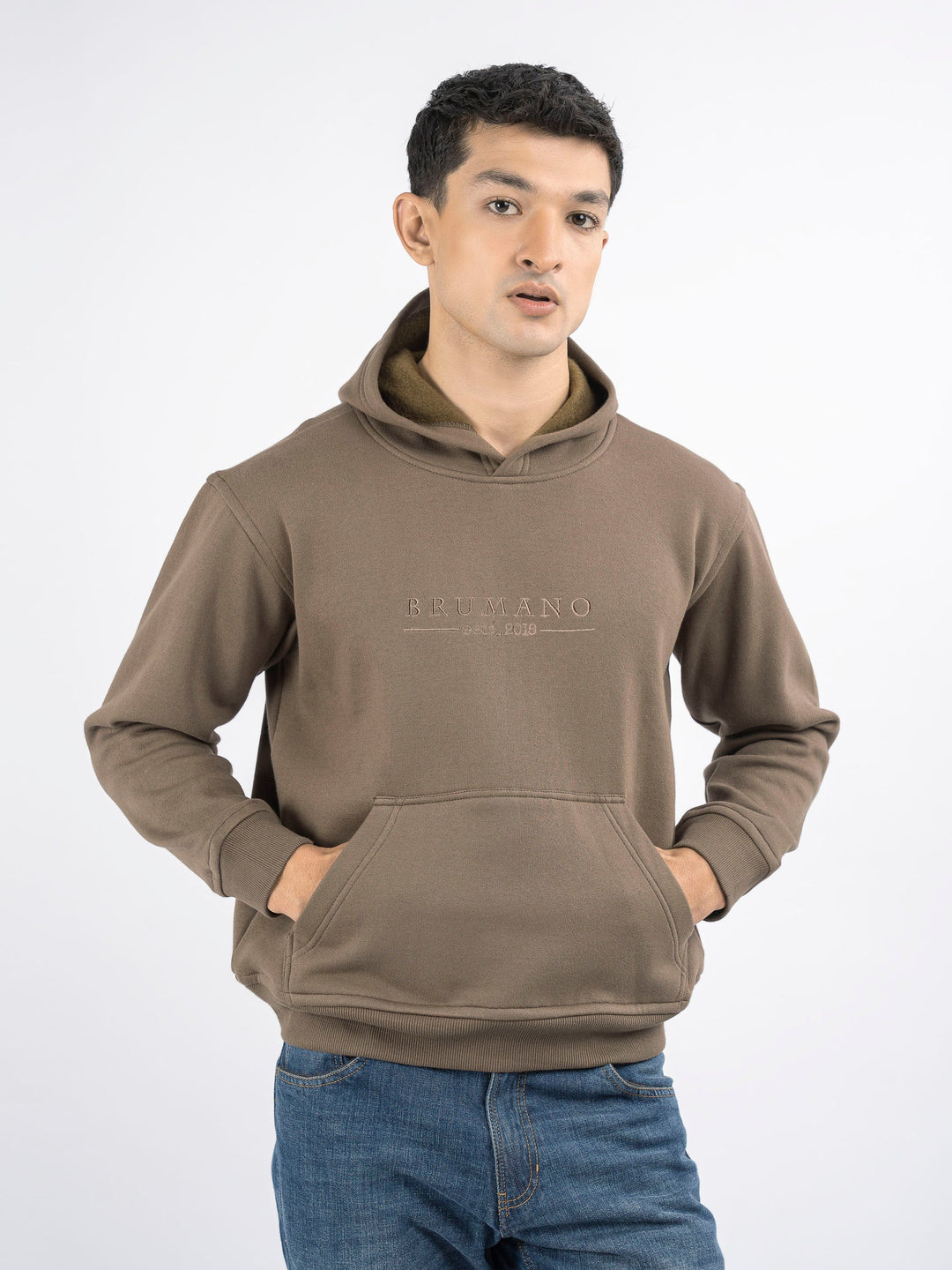 Brumano Embroidered Fleece Brown Embroidered Relaxed Fit Hoodie - Winter Collection