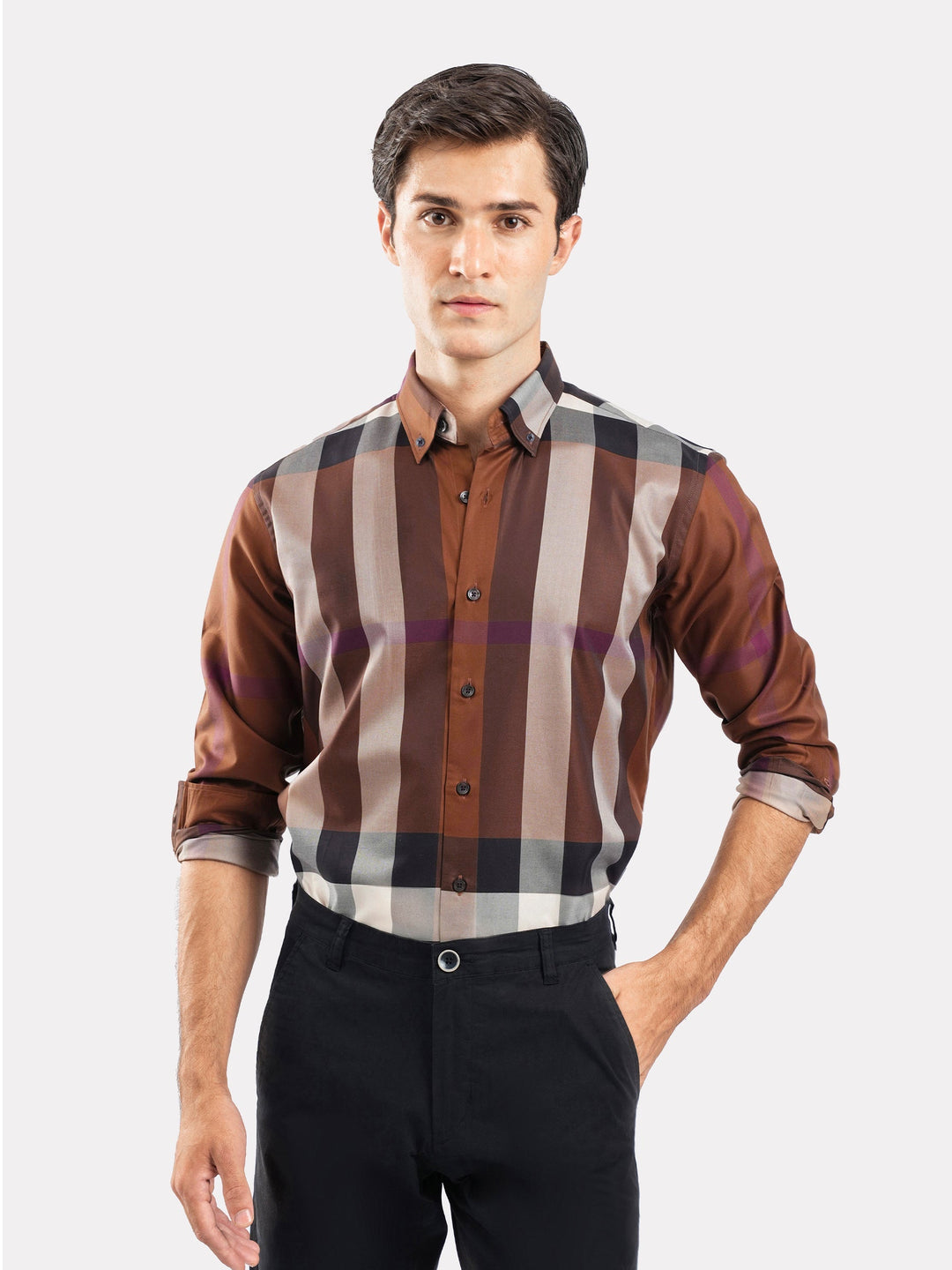 Brumano Mens RTW Solids Cotton Shirt Brown Large Checkered Casual Collection
