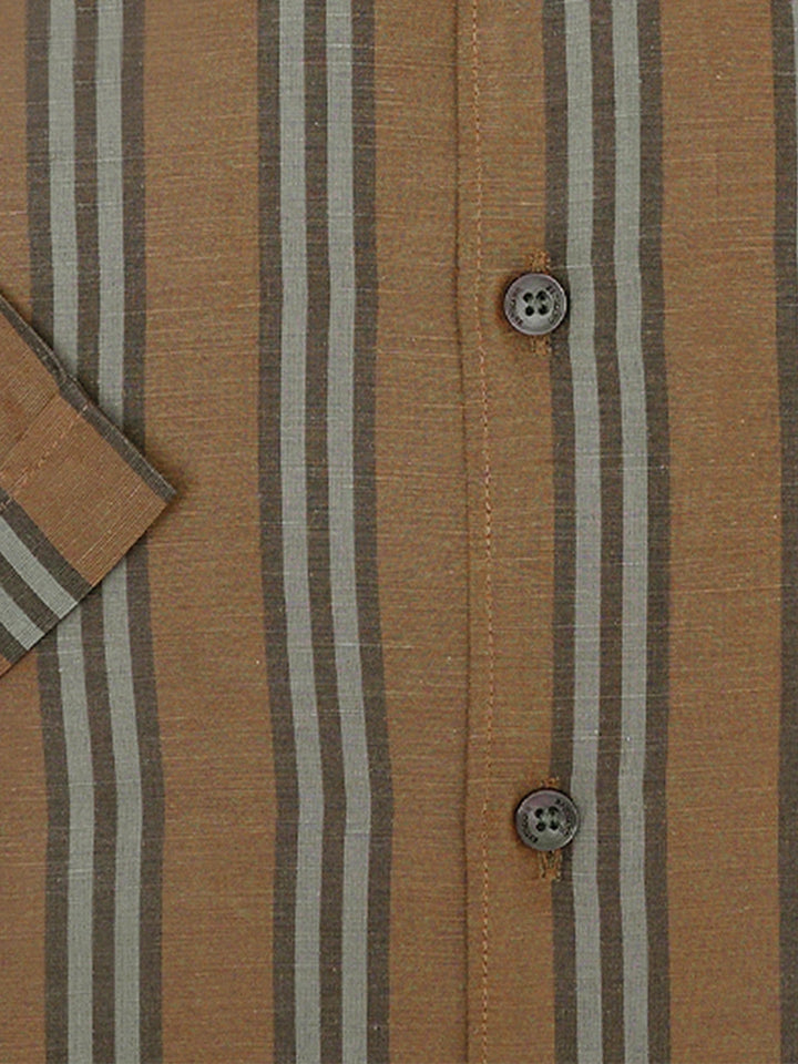 Brumano Ready To Wear Shirts Men 1 Piece Cotton Brown Linen Blended Striped Half Sleeve Shirt 0-33-025-3377 - Summer Collection