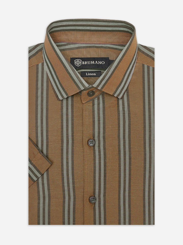 Brumano Ready To Wear Shirts Men 1 Piece Cotton Brown Linen Blended Striped Half Sleeve Shirt 0-33-025-3377 - Summer Collection