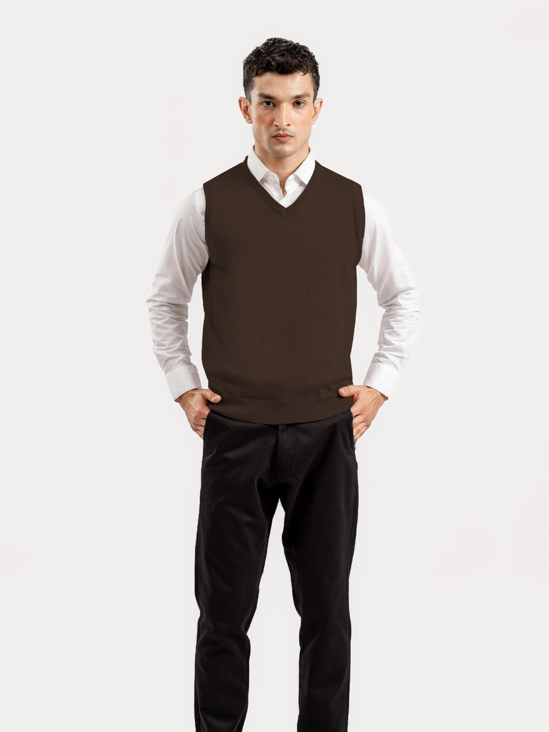 Brumano Mens RTW Solids Cotton 1 Piece Brown Sleeveless V-Neck Sweater Winter Collection