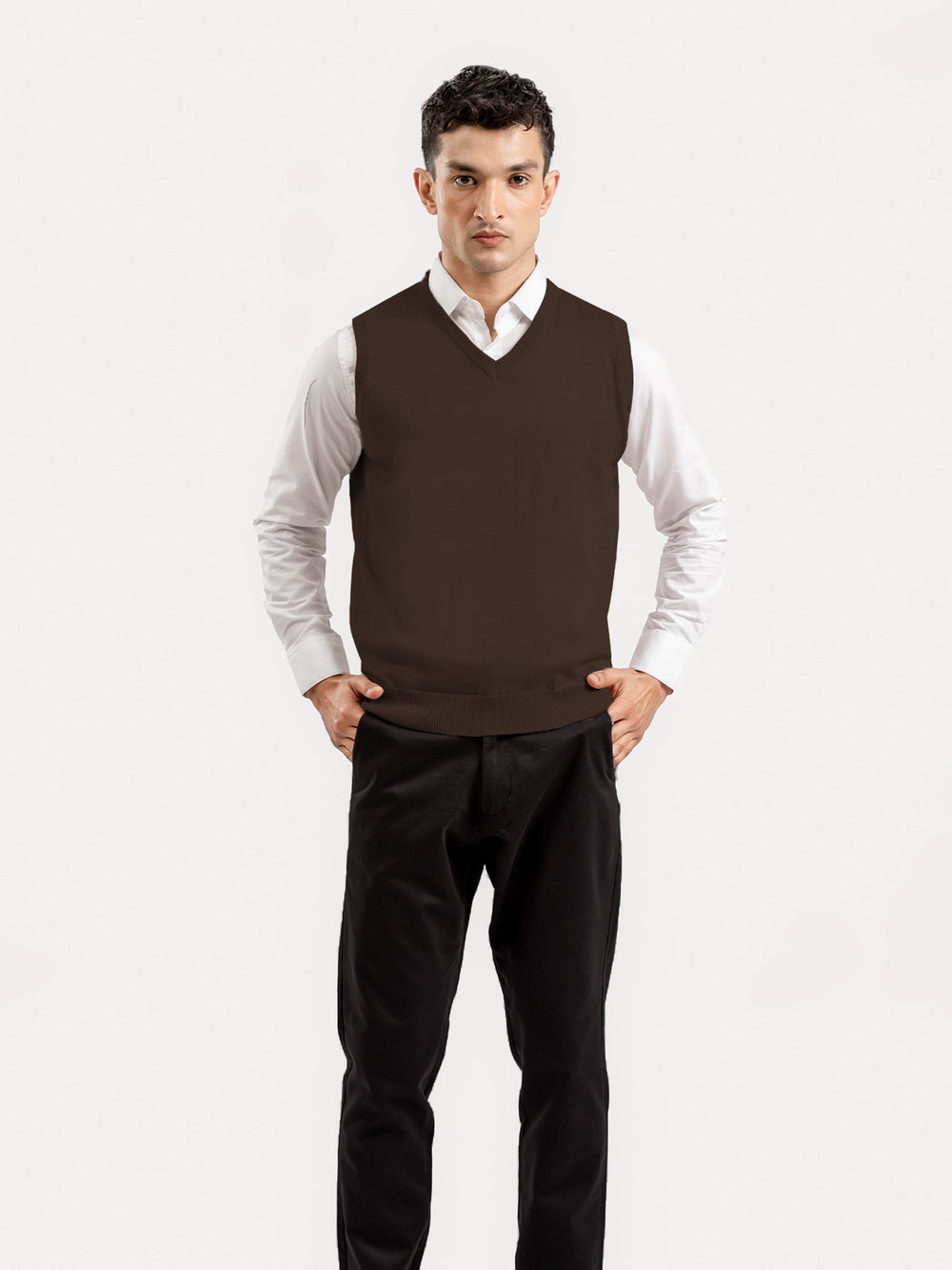 Brumano Mens RTW Solids Cotton 1 Piece Brown Sleeveless V-Neck Sweater Winter Collection