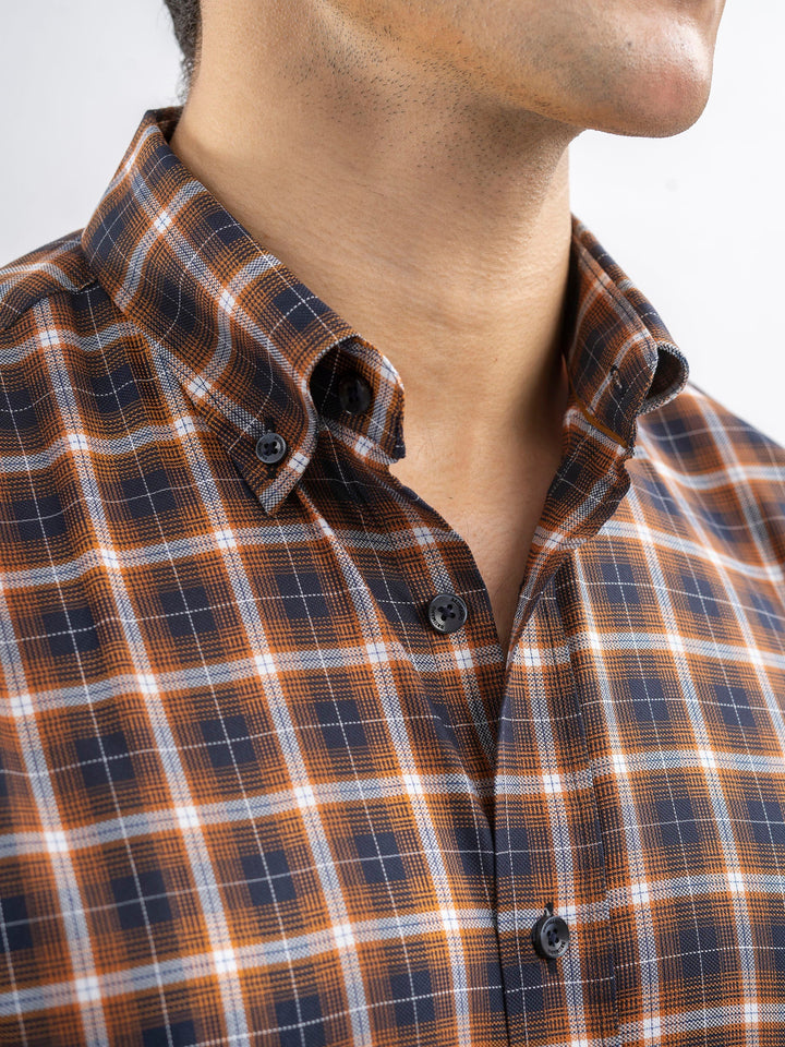 Brumano Ready To Wear Shirts Men 1 Piece Cotton Brown Structured Checkered Shirt 0-31-025-4495 - Summer Collection