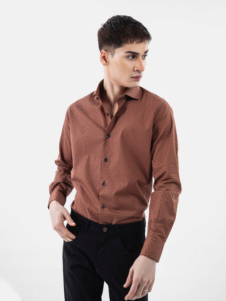 Brumano Ready To Wear Shirts Men 1 Piece Cotton Brown & Red Geometric Printed Shirt 0-32-024-3304 - Summer Collection