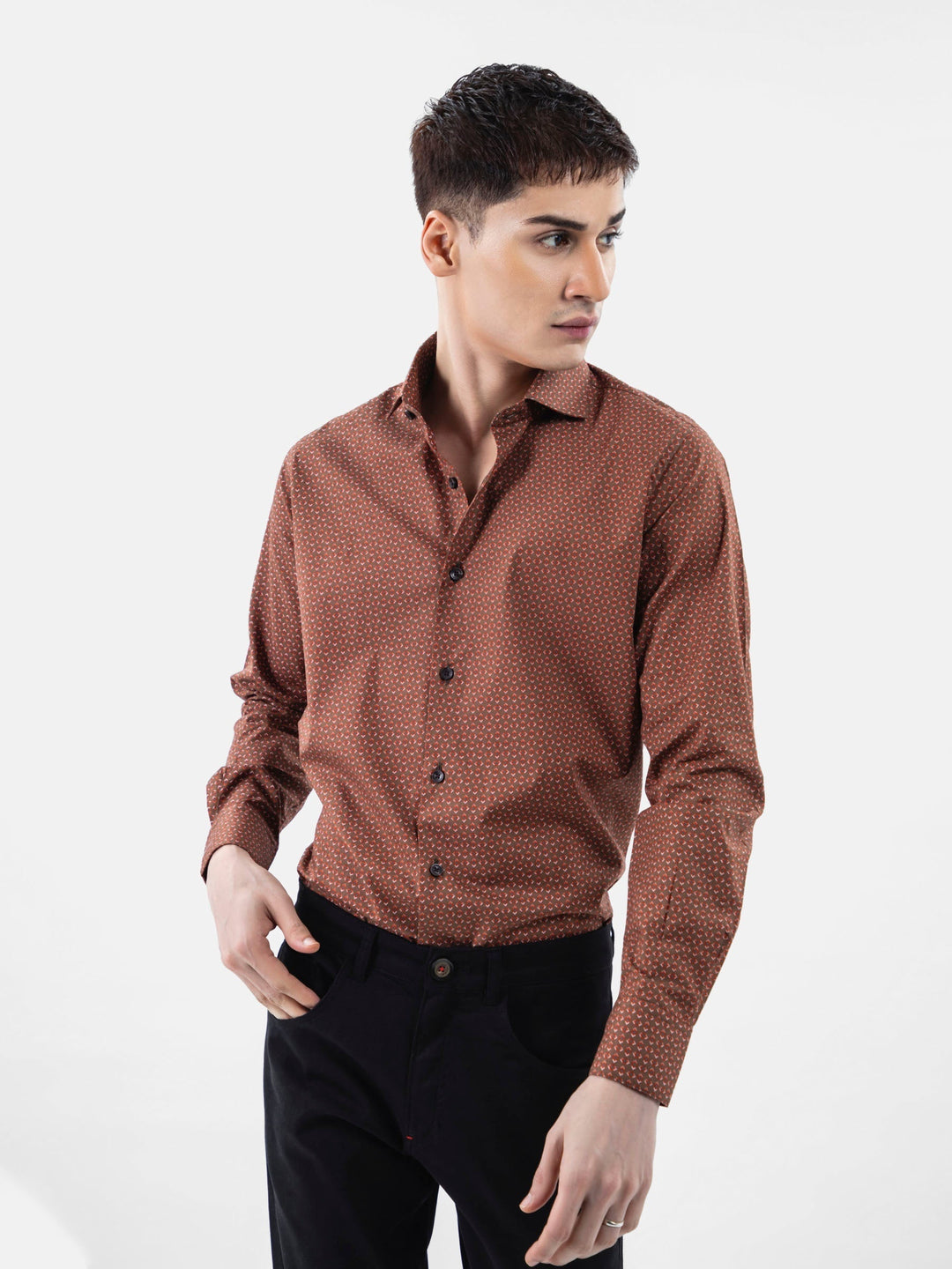 Brumano Mens RTW Solids Cotton Shirt Brown N Red Geometric Casual Collection