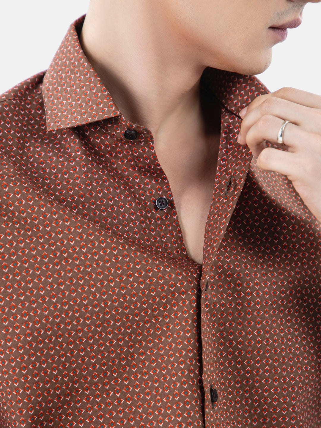 Brumano Ready To Wear Shirts Men 1 Piece Cotton Brown & Red Geometric Printed Shirt 0-32-024-3304 - Summer Collection