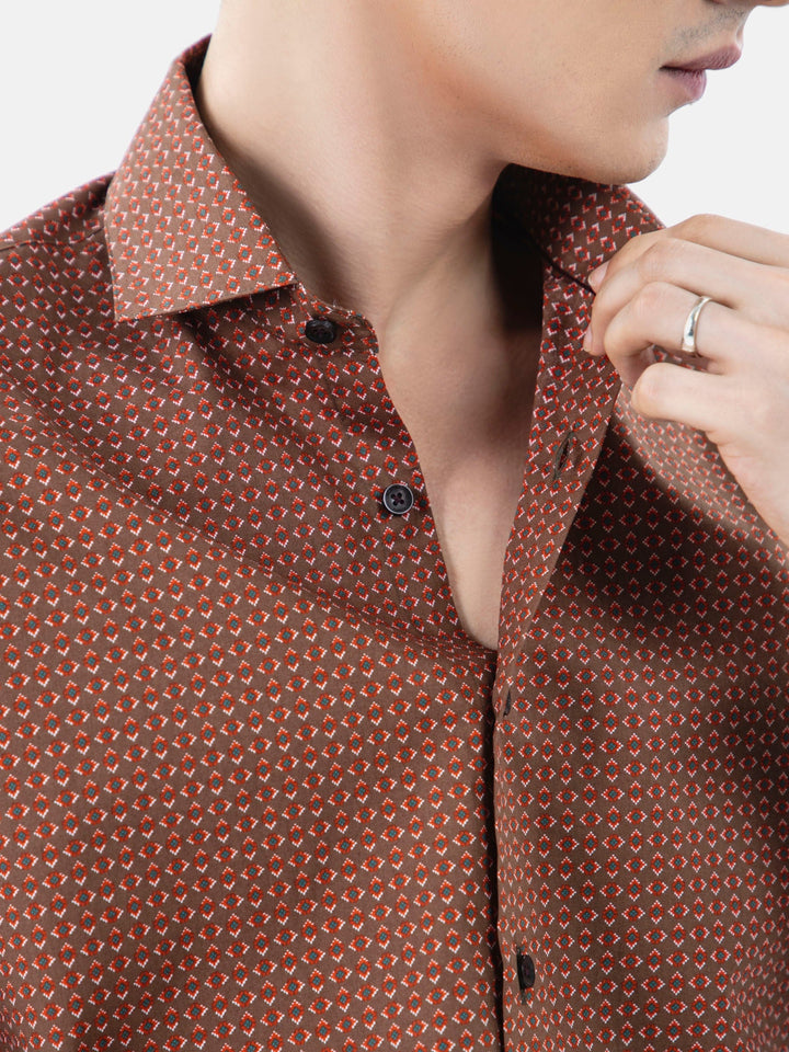 Brumano Ready To Wear Shirts Men 1 Piece Cotton Brown & Red Geometric Printed Shirt 0-32-024-3304 - Summer Collection