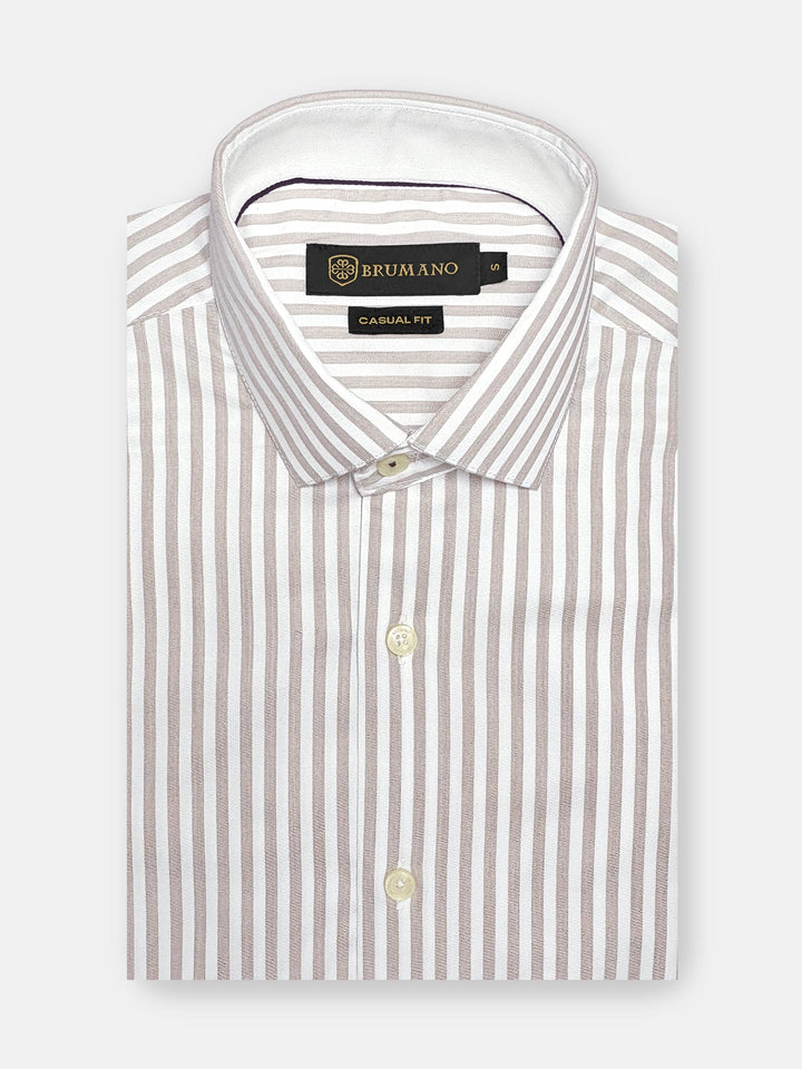 Brumano Ready To Wear Shirts Men 1 Piece Cotton Brown & White Bengal Striped Formal Shirt 0-31-025-4548 - Summer Collection