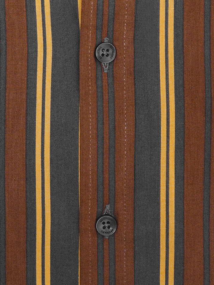Brumano Ready To Wear Shirts Men 1 Piece Cotton Brown & Yellow Striped Button Down Shirt 0-31-025-4686 - Summer Collection