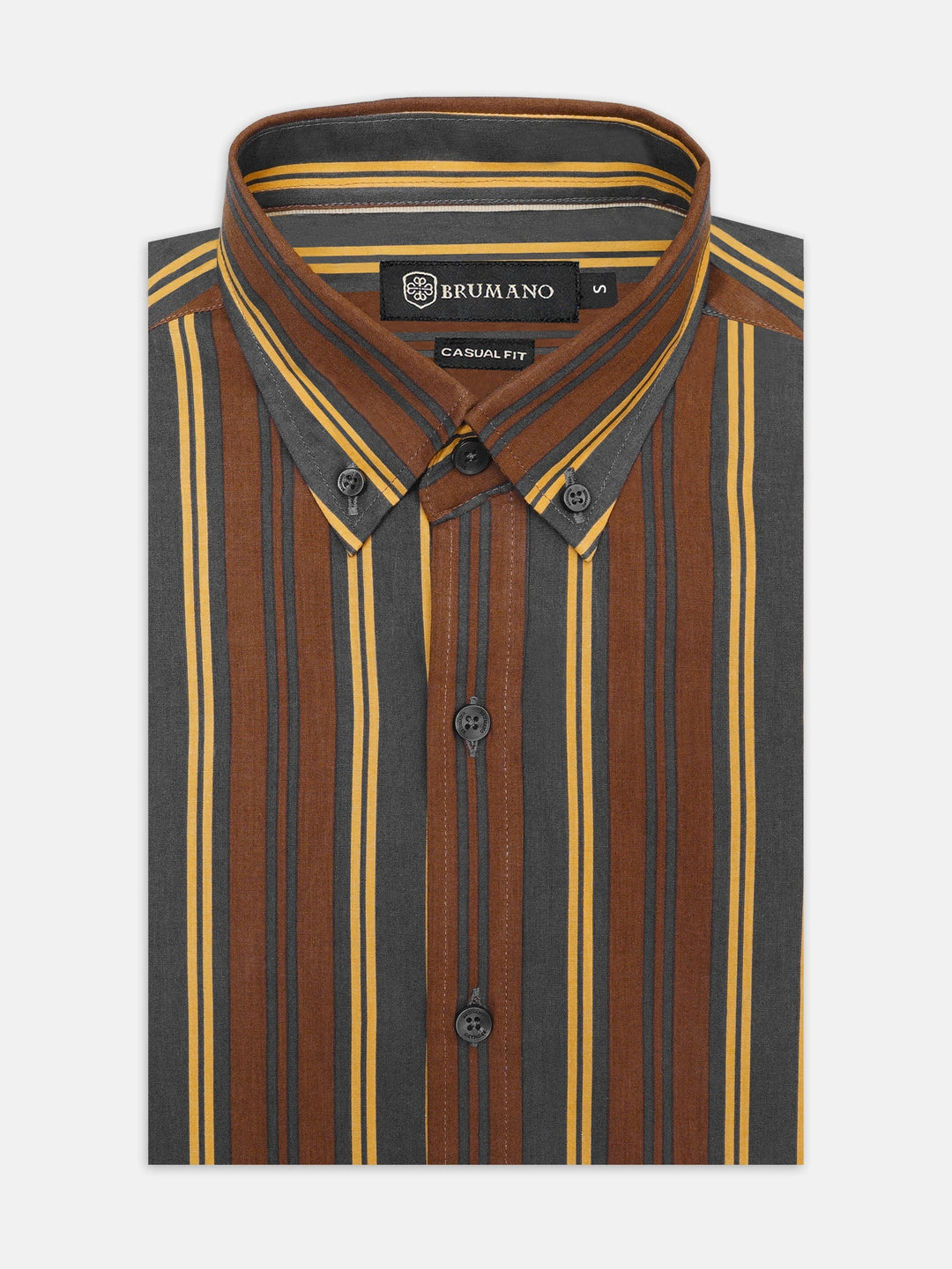 Brumano Mens RTW Solids Cotton Shirt Brown N Yellow Striped Casual Collection