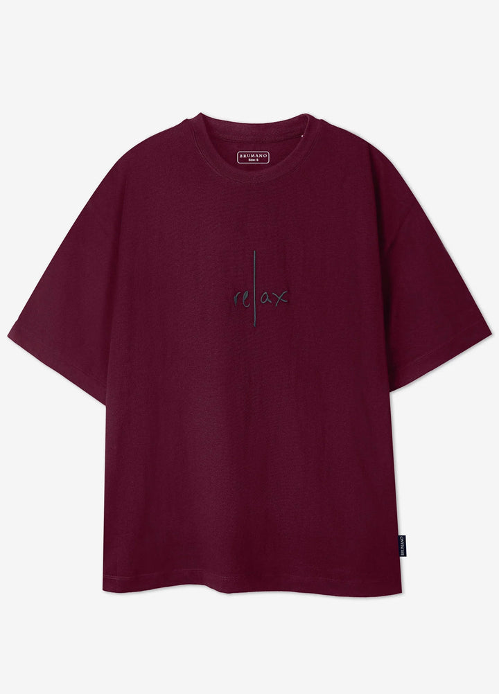 Brumano Cotton Printed Men - Maroon Oversized T-Shirt With Minimalist 'Relax' Embroidery