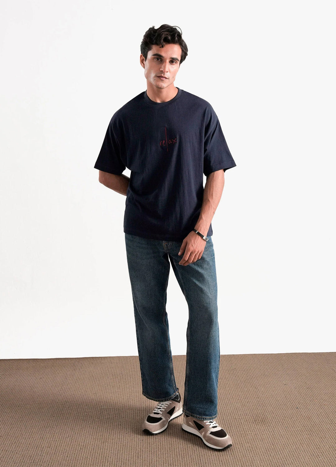 Brumano Cotton Printed Men - NavyBlue Oversized T-Shirt With Minimalist 'Relax' Embroidery