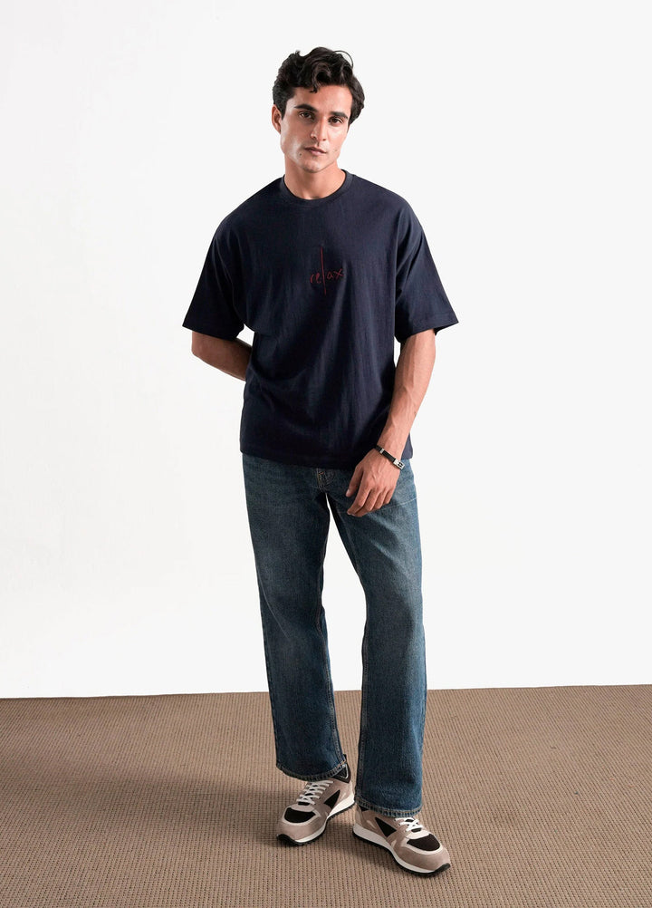 Brumano Cotton Printed Men - NavyBlue Oversized T-Shirt With Minimalist 'Relax' Embroidery