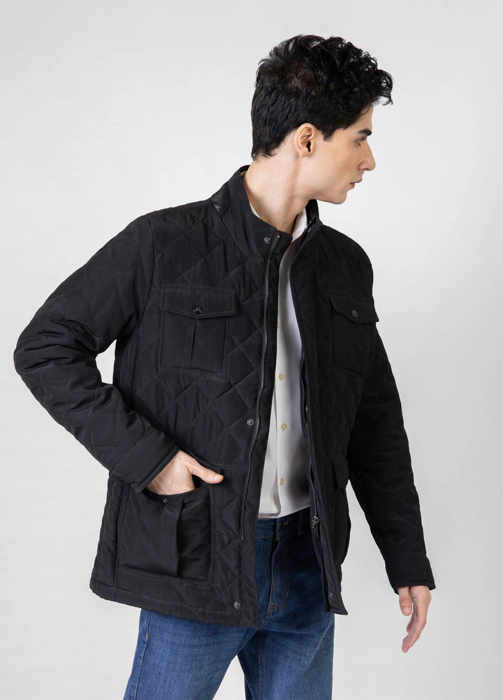 Brumano Ready To Wear Solids  Polyester 1 Piece Men Black Sporty Quilted Long Coat Jacket 0-11-024-4145 - Winter Collection