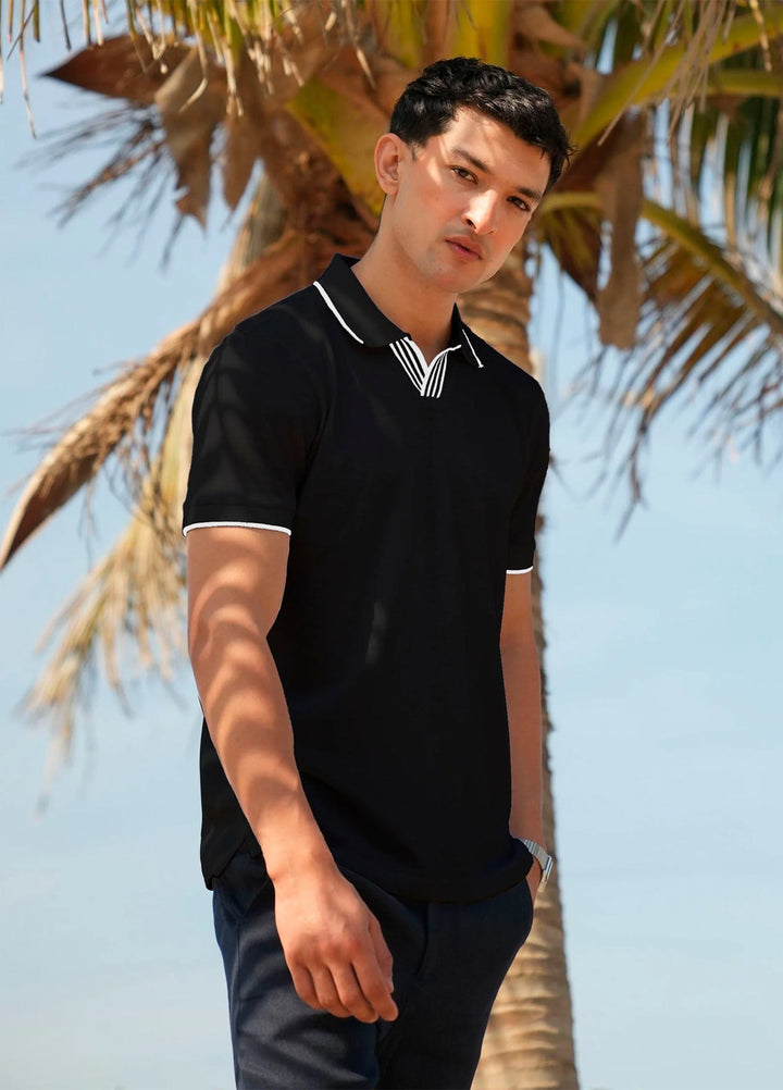 Brumano  Solids Cotton Polo Black V-Placket Polo With Tipped Collar