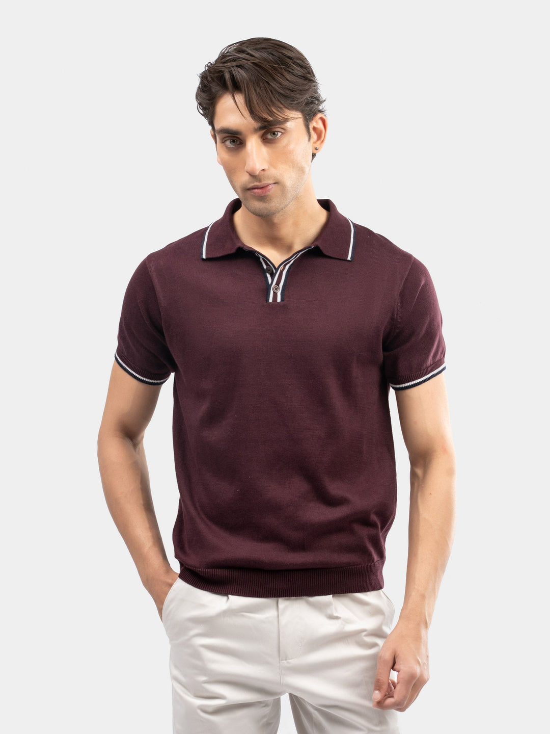Brumano Mens RTW Solids Cotton Polo T-Shirt Burgundy Contrasting Casual Collection