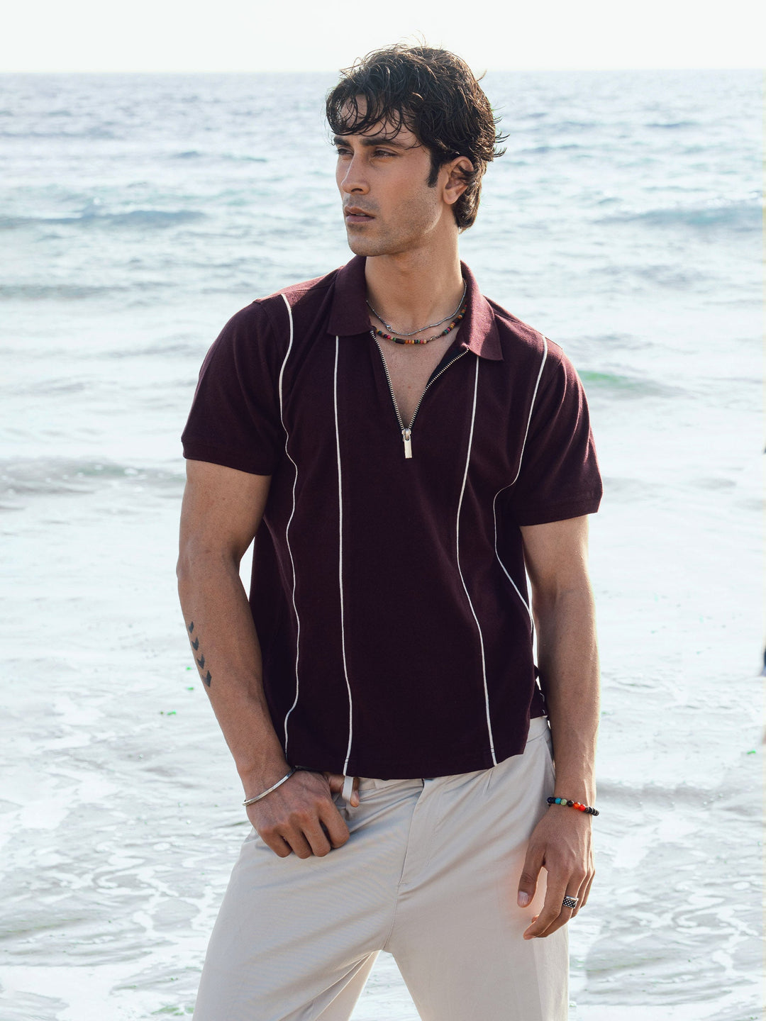 Brumano Mens RTW Solids Cotton Polo T-Shirt Burgundy Striped Zipper Casual Collection