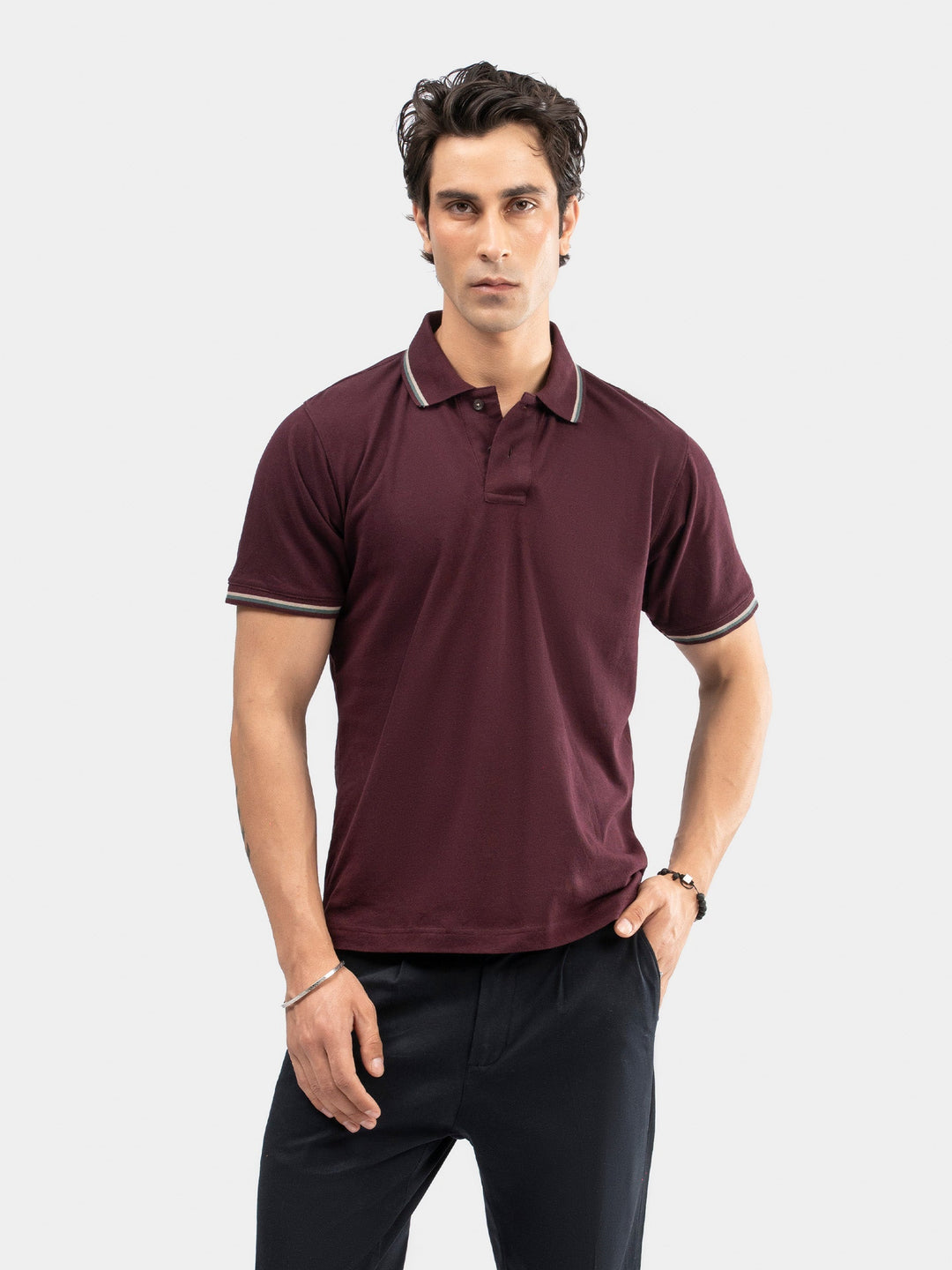 Brumano Mens RTW Solids Cotton Polo T-Shirt Burgundy Multicolor Tipped Collar Casual Collection