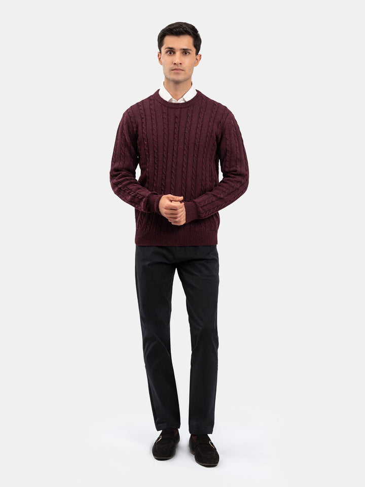 Brumano Mens RTW Solids Cotton 1 Piece Suit Burgundy Cable Crew Neck Winter Collection