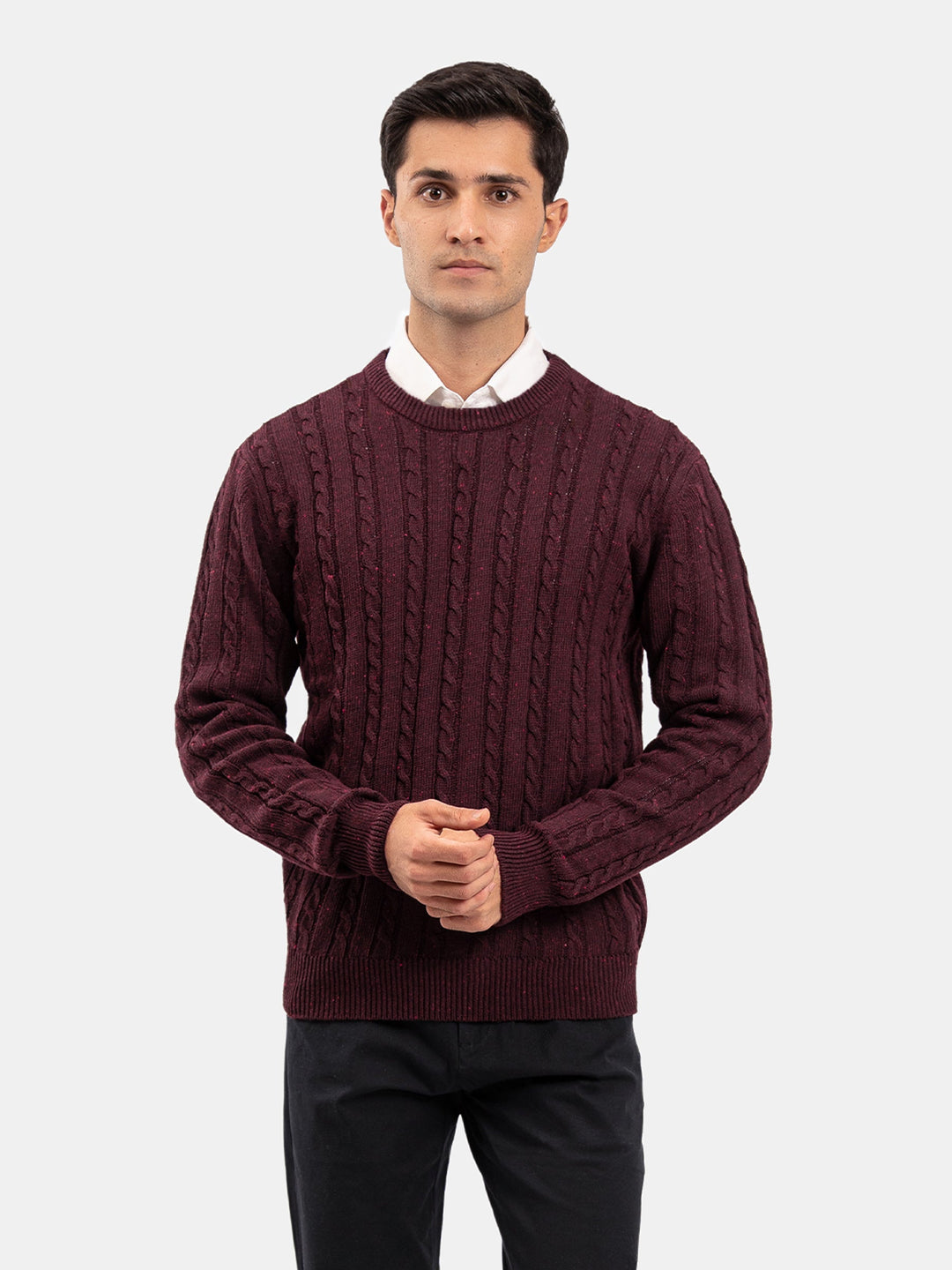 Brumano Mens RTW Solids Cotton 1 Piece Suit Burgundy Cable Crew Neck Winter Collection
